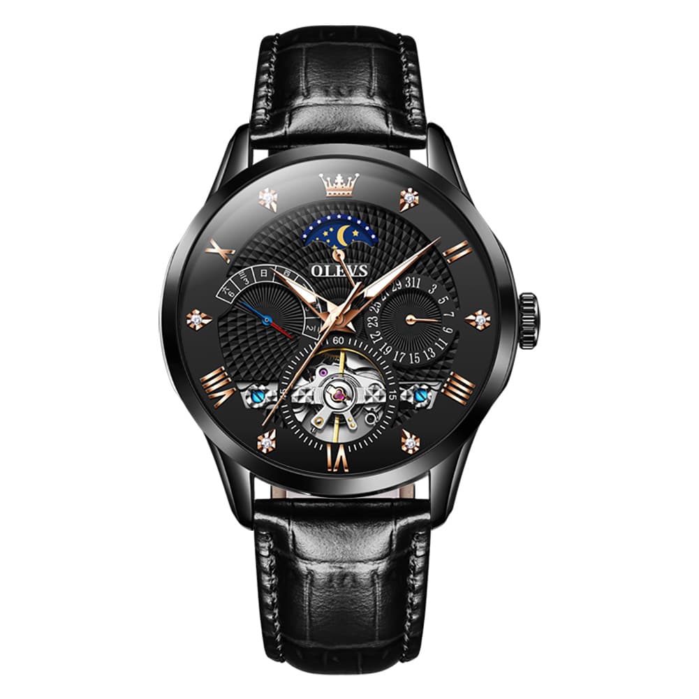 OLEVS 6652 Leather Mechanical Moon Phase Watch for Men