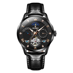 OLEVS 6652 Leather Mechanical Moon Phase Watch for Men