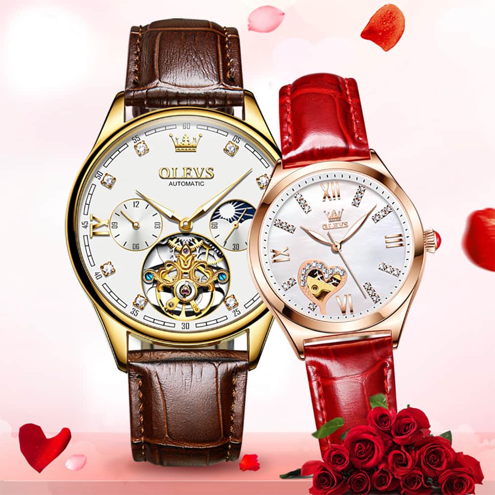 OLEVS 3601 Romantic Open Heart Automatic Couple Watch Set