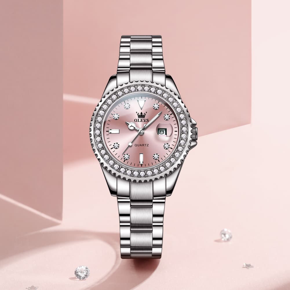 OLEVS 9945 Diamond Bezel Date Display Quartz Watch for Women