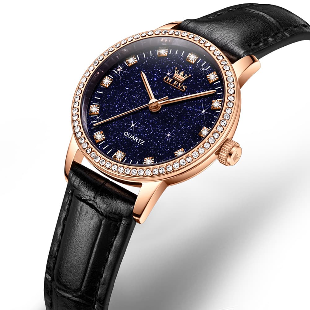 OLEVS Women Starry Sky Watch Diamond Bezel Leather Strap Quartz 5605