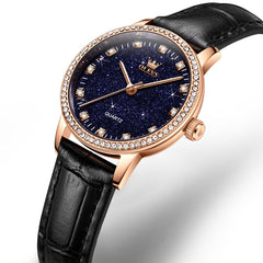 OLEVS Women Starry Sky Watch Diamond Bezel Leather Strap Quartz 5605