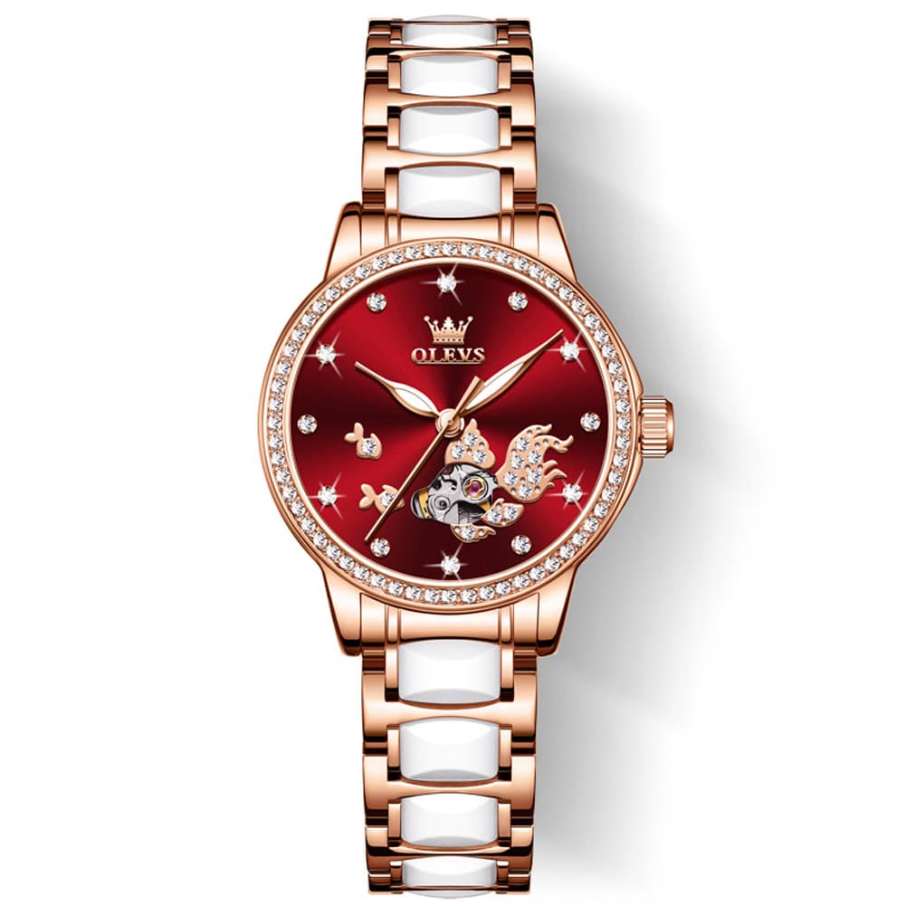 OLEVS 7001 Koi Skeleton Ceramic Mechanical Watch for Women
