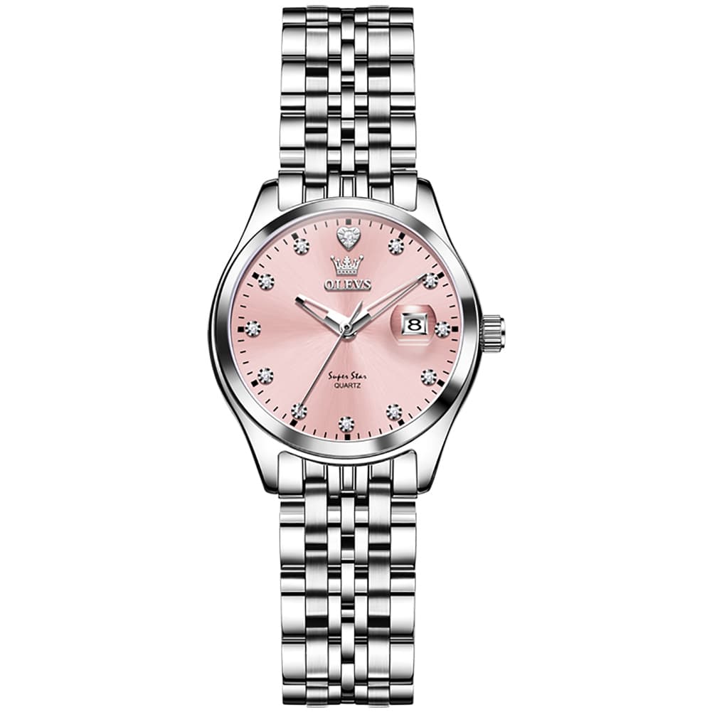 OLEVS 5649 Diamond Starry Dial Quartz Watch Calendar Stainless Steel Bracelet Timeless Timepiece for Women