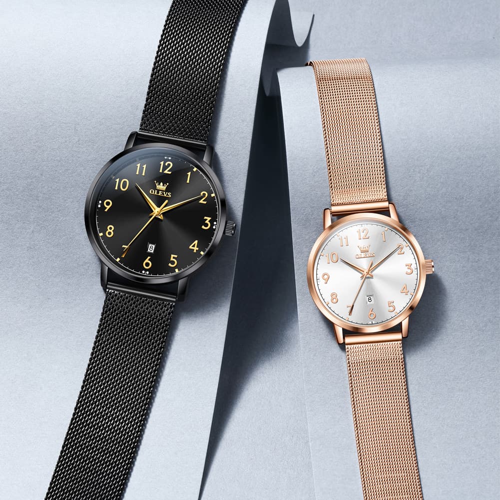 OLEVS 5653 Ultra Thin Couple Watch Milanese Mesh and Leather Strap Date Timepiece for Men and Women