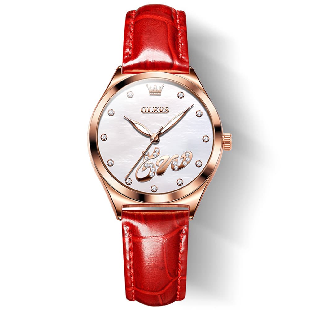 OLEVS 5581 Love Motif Diamond Watch Rose Gold Leather Strap Romantic Gift Timepiece for Women