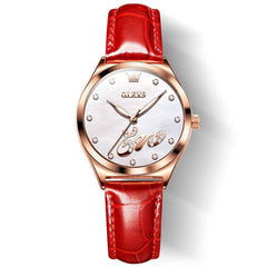 OLEVS 5581 Love Motif Diamond Watch Rose Gold Leather Strap Romantic Gift Timepiece for Women