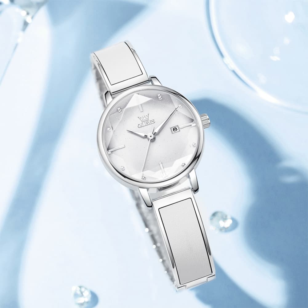 OLEVS 5656 Diamond Cut Faceted Crystal Quartz Watch Leather or Steel Bracelet Elegant Dress Timepiece for Women