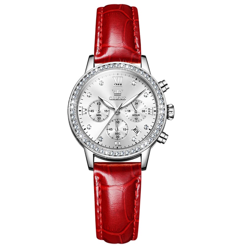 OLEVS 9933 Crystal Bezel Chronograph Leather Watch for Women