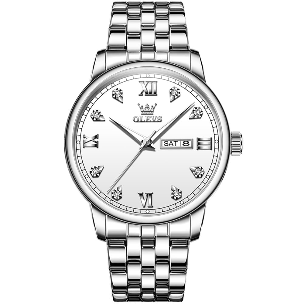 OLEVS Couple Watches Diamond Dial Day Date Quartz Watch 5525 Steel Band for His and Hers
