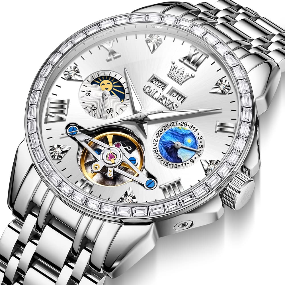 OLEVS 6712 Diamond Bezel Starry Moon Phase Calendar Mechanical Watch For Men