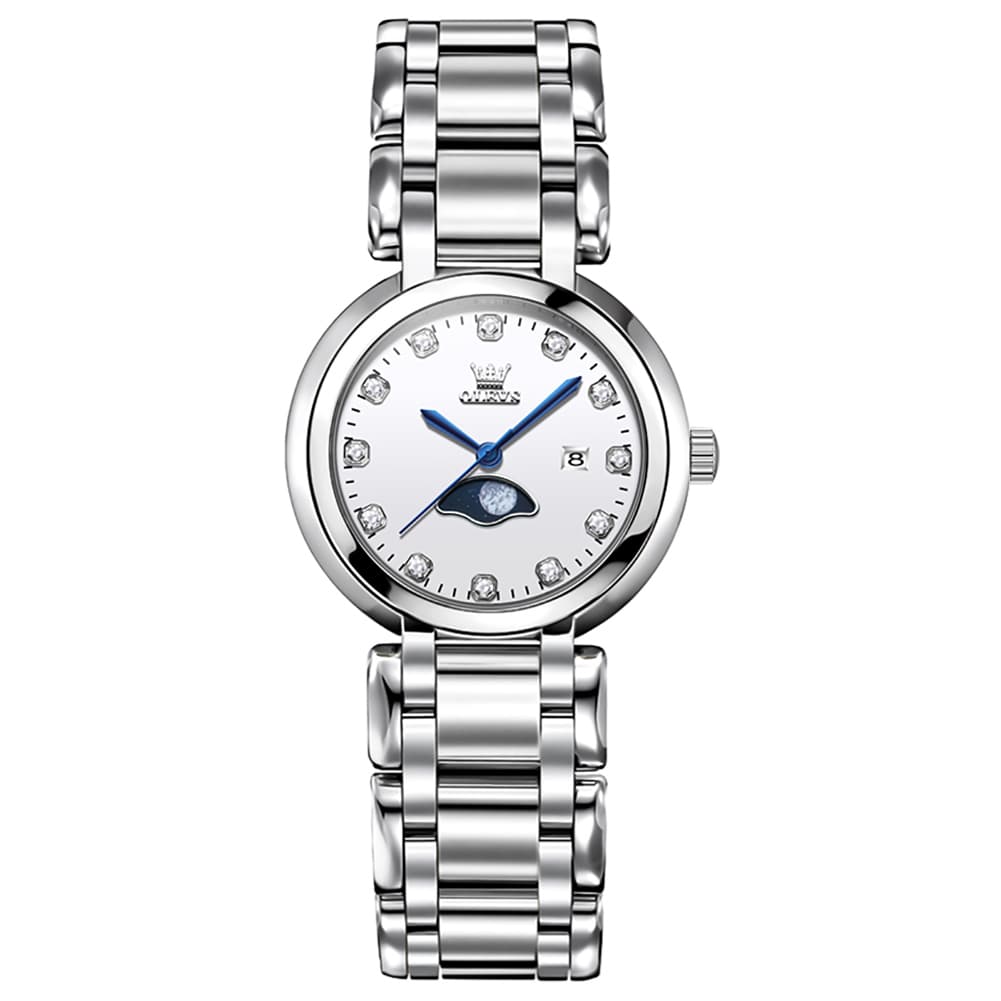 OLEVS Women Moon Phase Dress Watch Stainless Steel Diamond Dial Quartz 5573