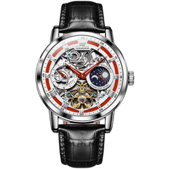 OLEVS 6670P Leather Skeleton Moon Phase Watch for Men