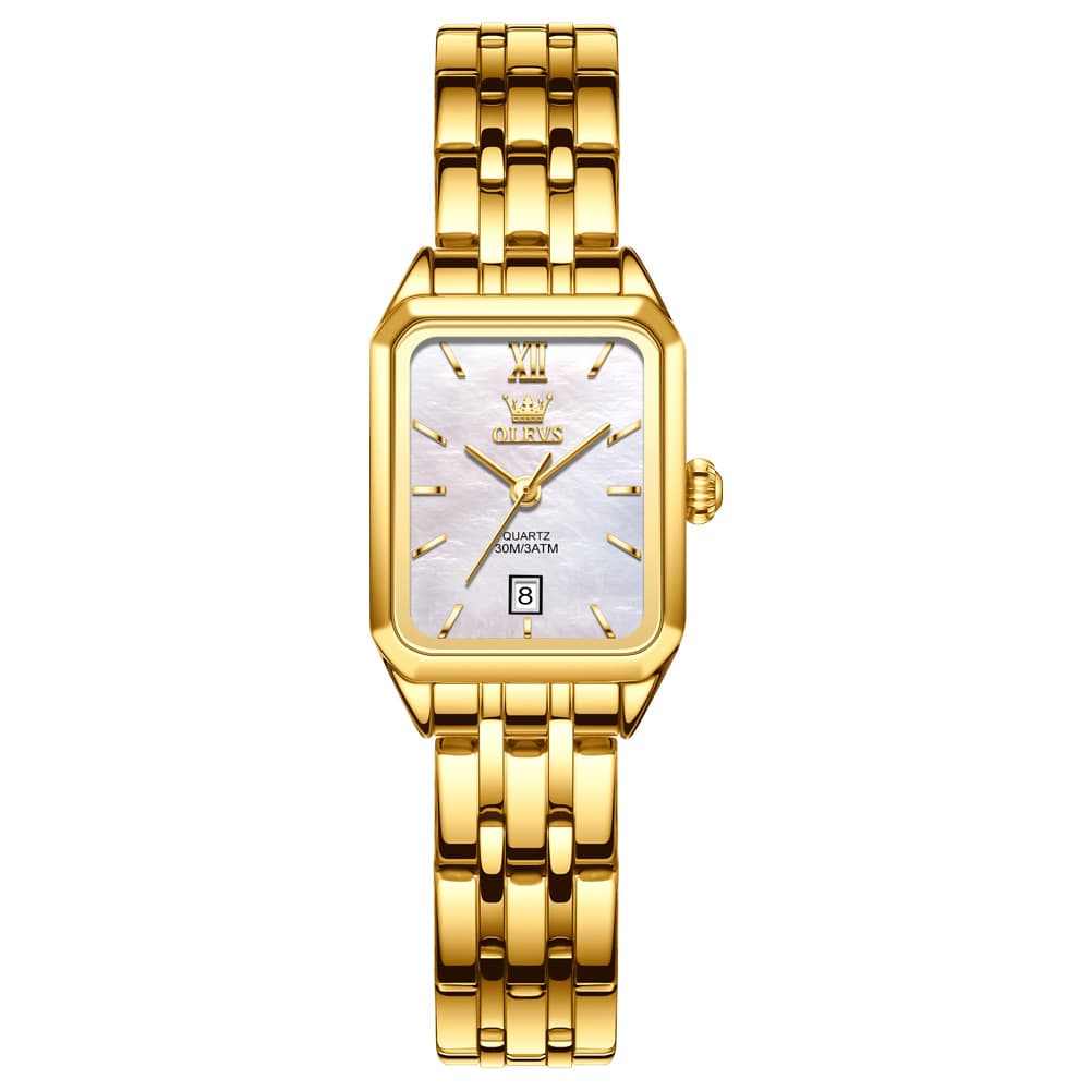 OLEVS Women Square Dress Watch Retro Gold Stainless Steel Date Quartz 5616