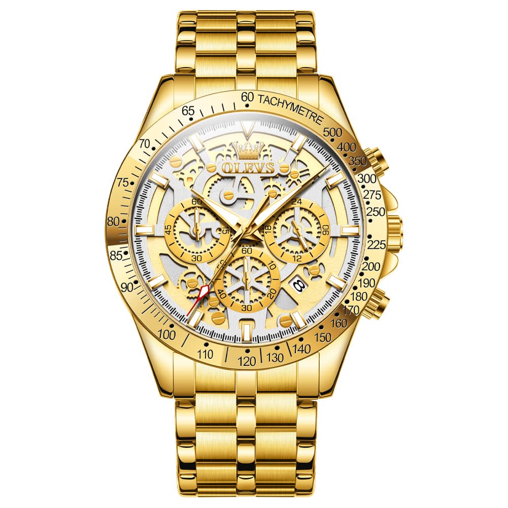 OLEVS 9913 Skeleton Dial Chronograph Gold Quartz Watch for Men