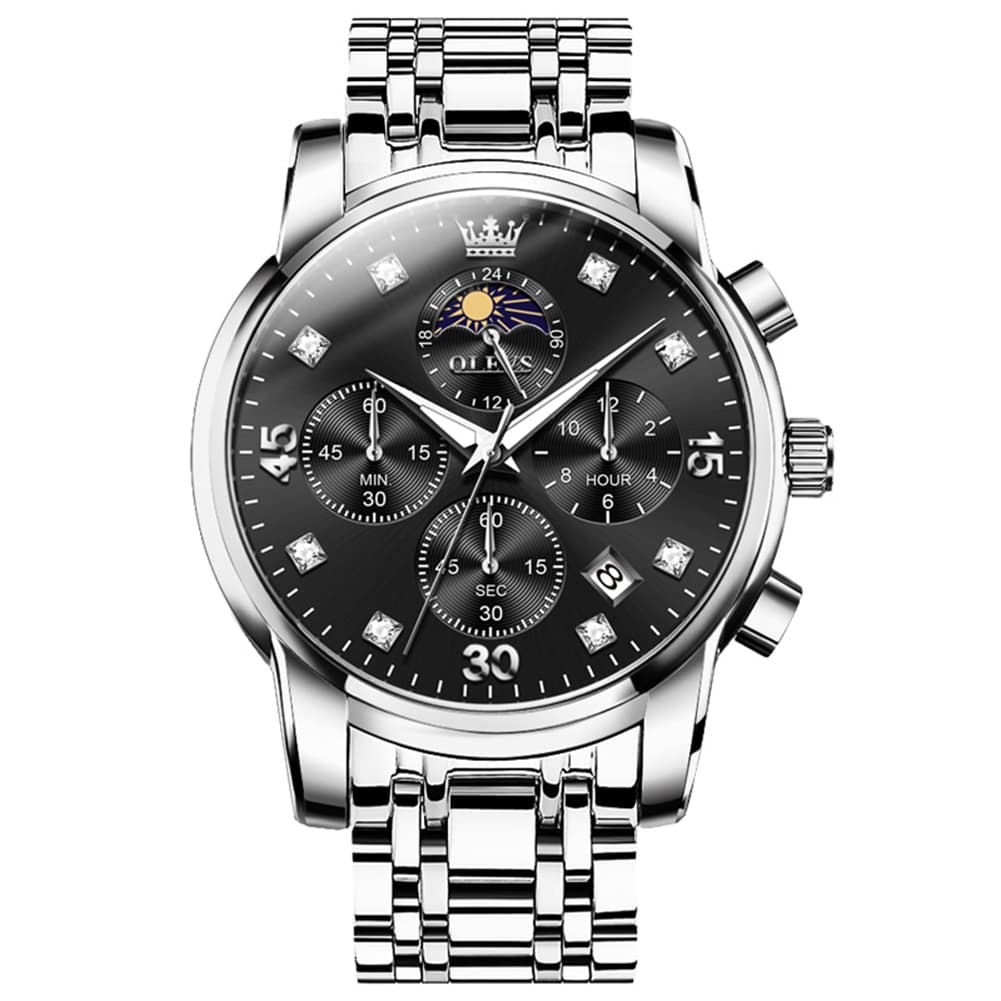 OLEVS 3652 Chronograph Moon Phase Diamond Dial Stainless Steel Watch For Men