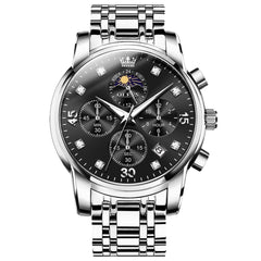 OLEVS 3652 Chronograph Moon Phase Diamond Dial Stainless Steel Watch For Men