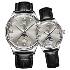 OLEVS 7039 Leather Moon Phase Couples Watch Set