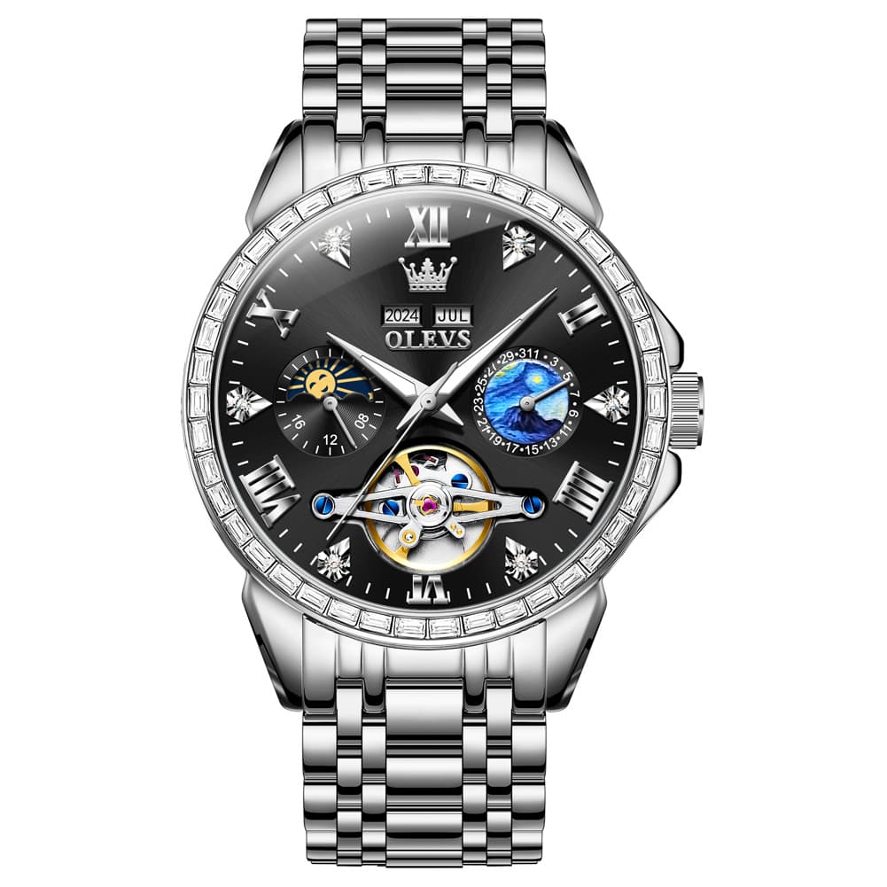 OLEVS 6712 Diamond Bezel Starry Moon Phase Calendar Mechanical Watch For Men