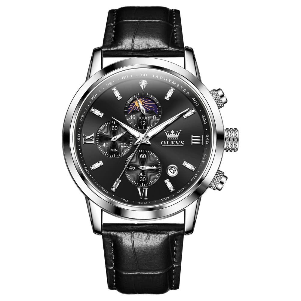 OLEVS 9812 Moon Phase Chronograph Leather Watch for Men
