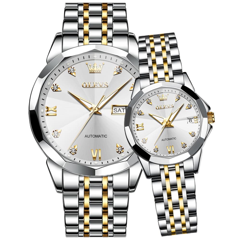 OLEVS Couple Watches 3D Diamond Cut Mirror Automatic Watch 9982 Steel Band for His and Hers