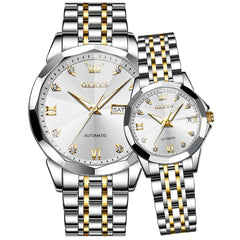 OLEVS Couple Watches 3D Diamond Cut Mirror Automatic Watch 9982 Steel Band for His and Hers