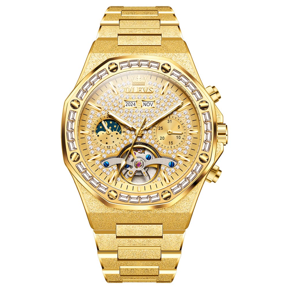 OLEVS Iced Out Moon Phase Skeleton Automatic Watch 9805 Calendar for Men