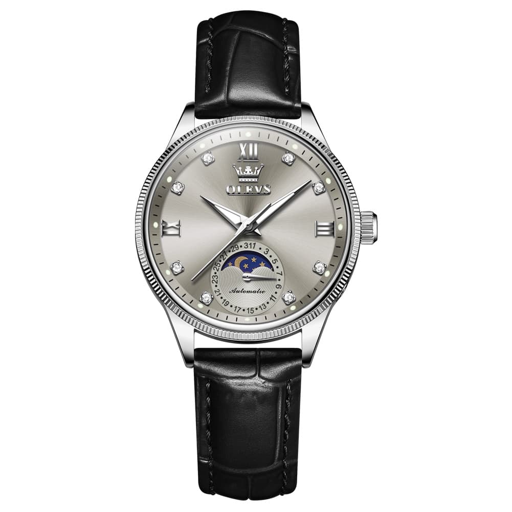 OLEVS 7039 Leather Moon Phase Mechanical Watch For Women