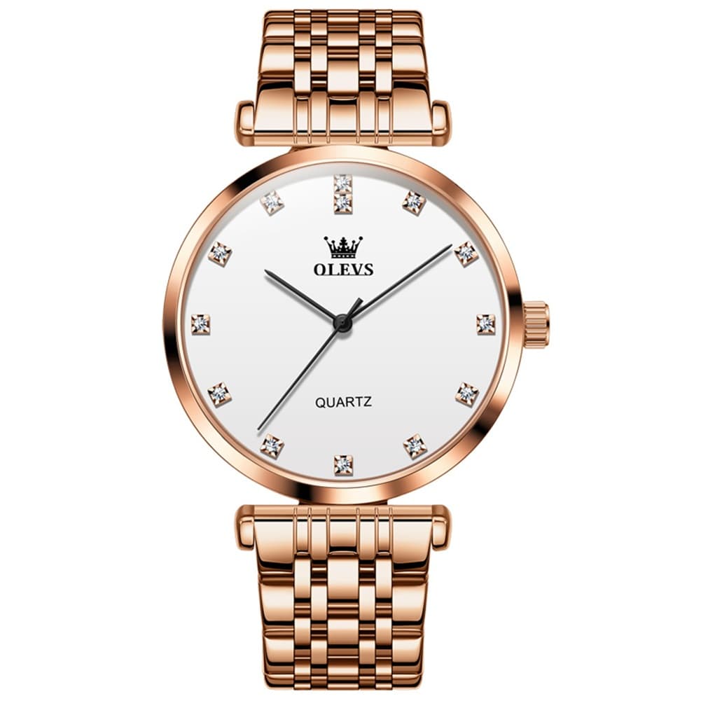 OLEVS Couple Watch Faceted Crystal Diamond Marker Stainless Steel Quartz 5596