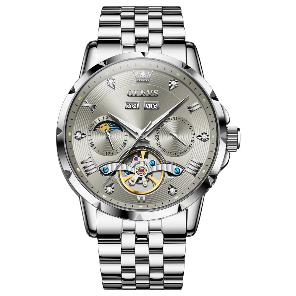 OLEVS 6691 Automatic Moon Phase Skeleton Steel Watch for Men