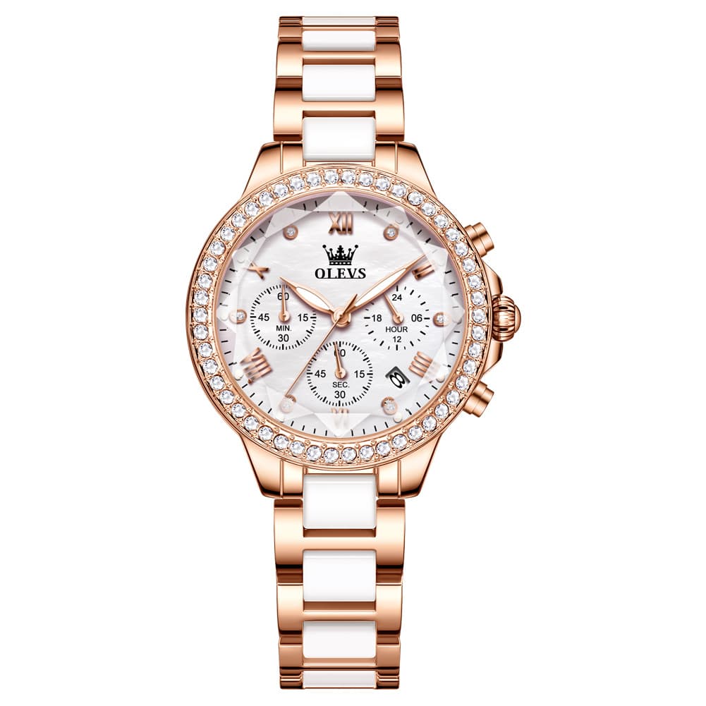 OLEVS 9999 Diamond Bezel Chronograph Ceramic Watch for Women