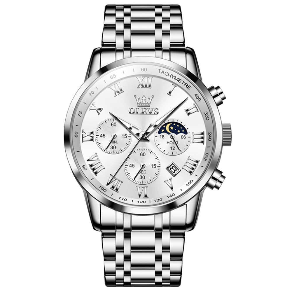 OLEVS Chronograph Moon Phase Dress Watch for Men Stainless Steel 5529