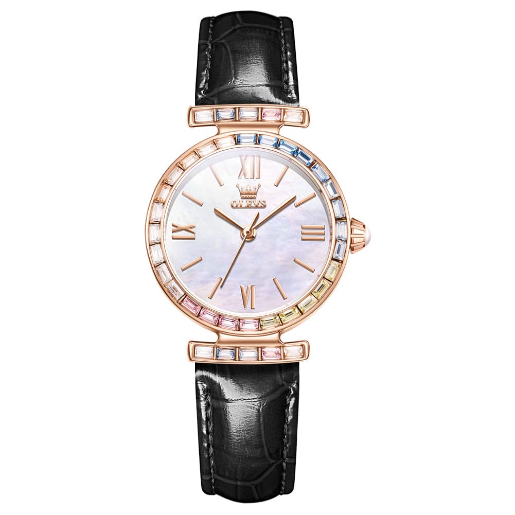 OLEVS 9007 Rainbow Bezel Mother of Pearl Leather Quartz Watch for Women