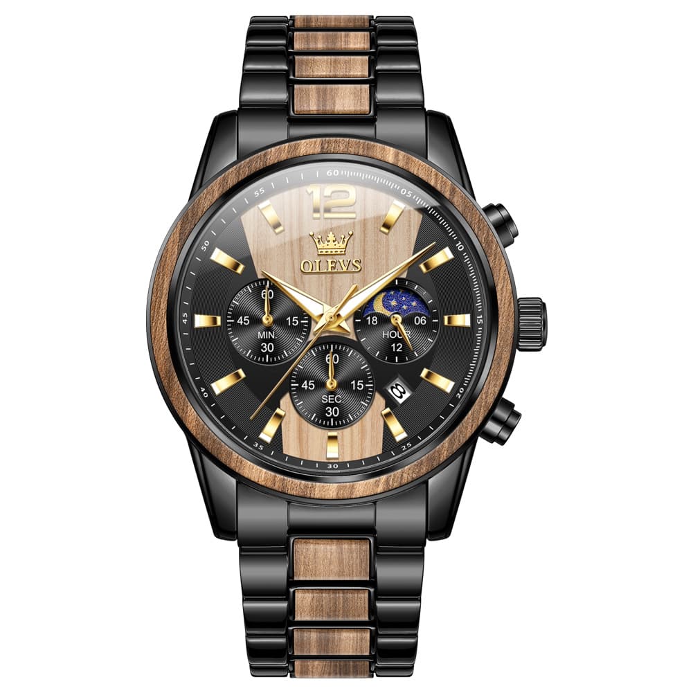 OLEVS 3645 Solid Wood & Steel Chronograph Quartz Watch for Men