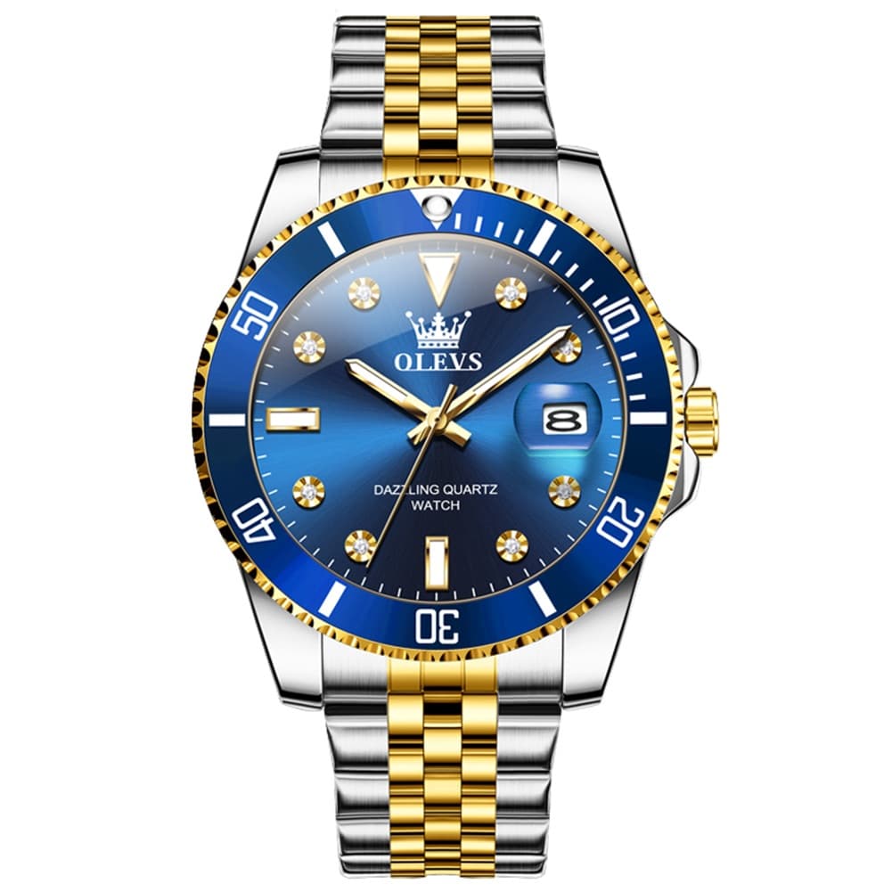 OLEVS 9809 Rotating Bezel Diamond Dial Stainless Steel Quartz Watch for Men