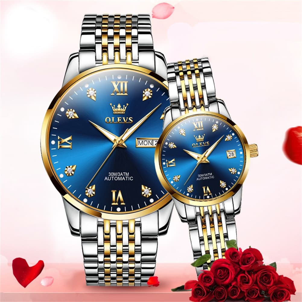 OLEVS 6673 Diamond Automatic Couple Watches Set