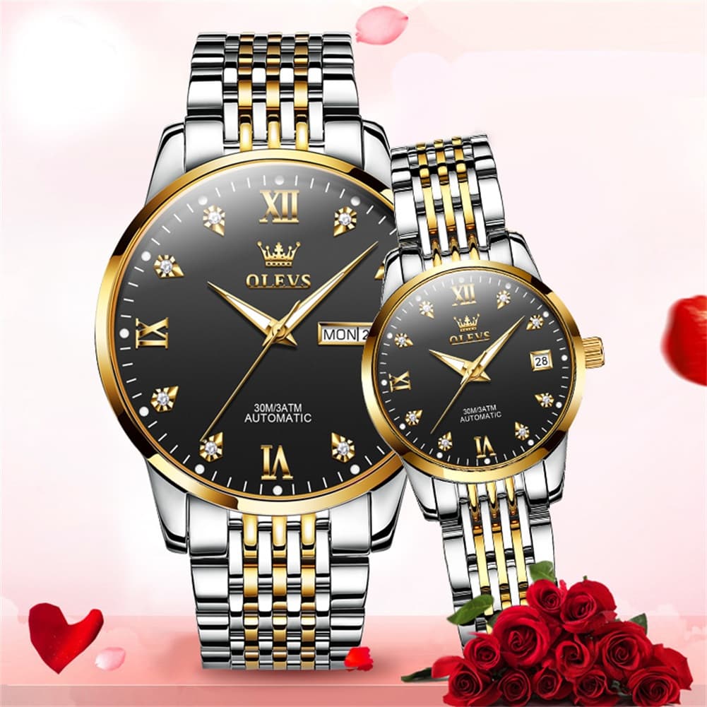 OLEVS 6673 Diamond Automatic Couple Watches Set