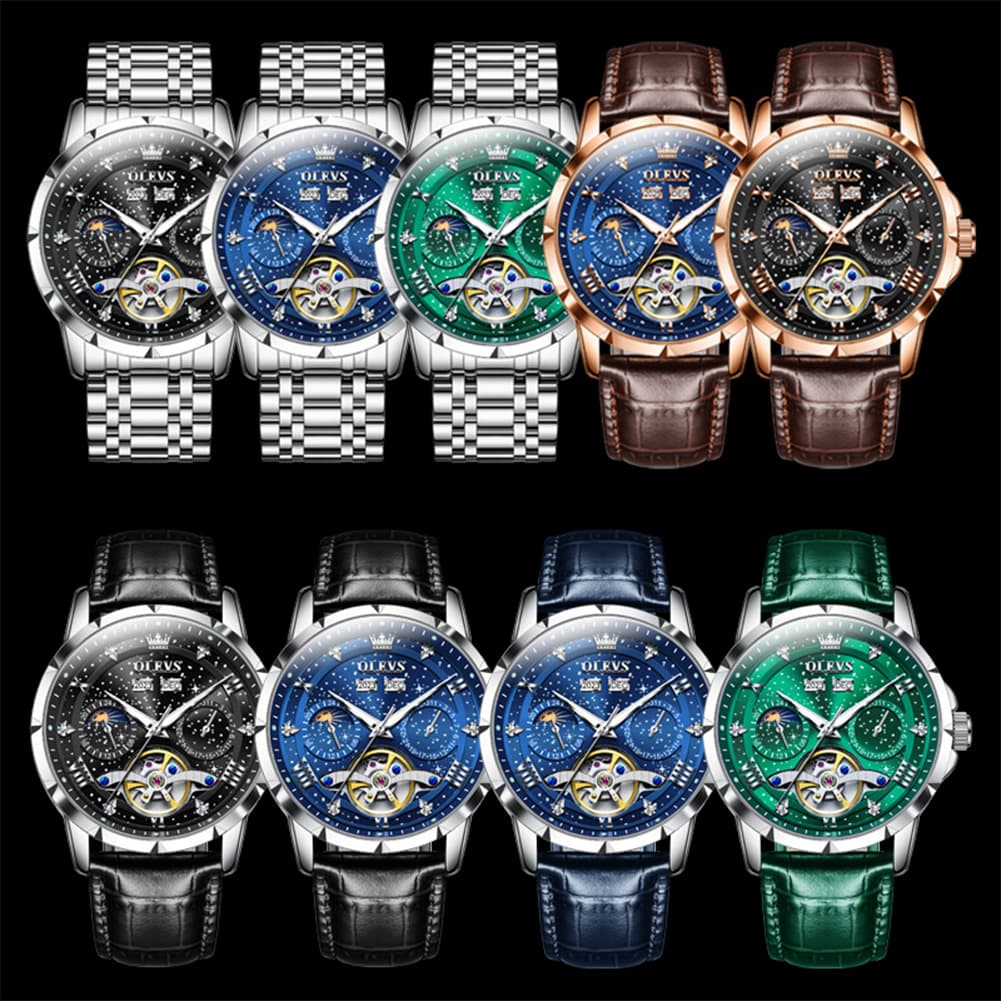 OLEVS 6690 Automatic Skeleton Starry Sky Steel Leather Watch for Men