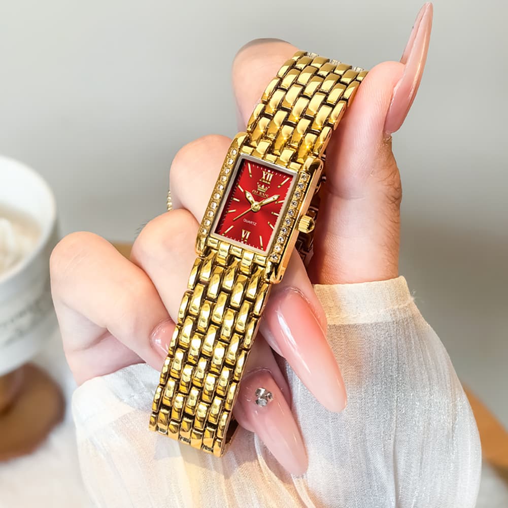 OLEVS 3700 Petite Rectangle Crystal Womens Watch Stainless Steel