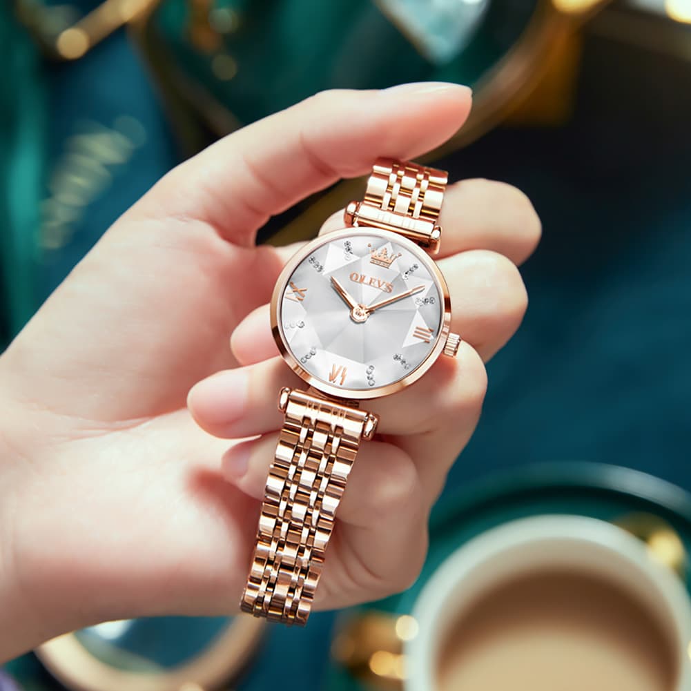 OLEVS 6642 Prism Cut Crystal Watch Rose Gold Stainless Steel Japan Quartz Timepiece for Women