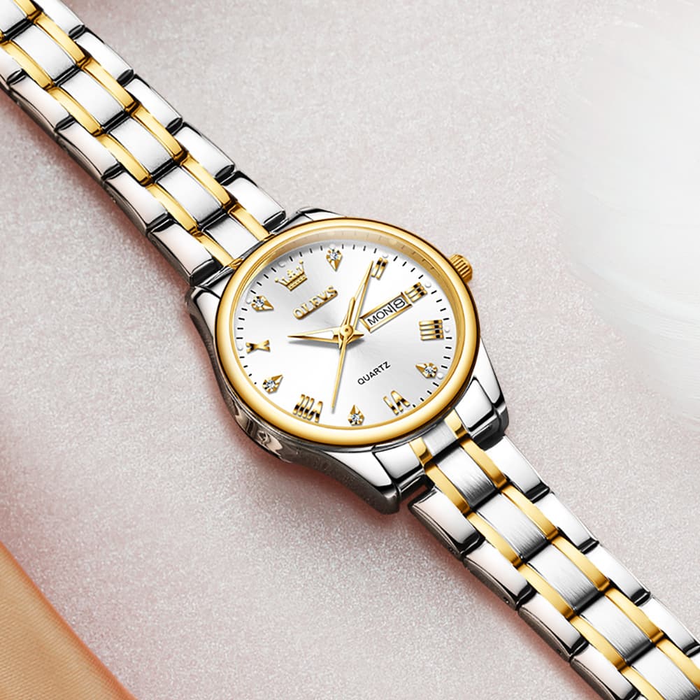 OLEVS Women Diamond Dress Watch Two Tone Stainless Steel Quartz Day Date 5563