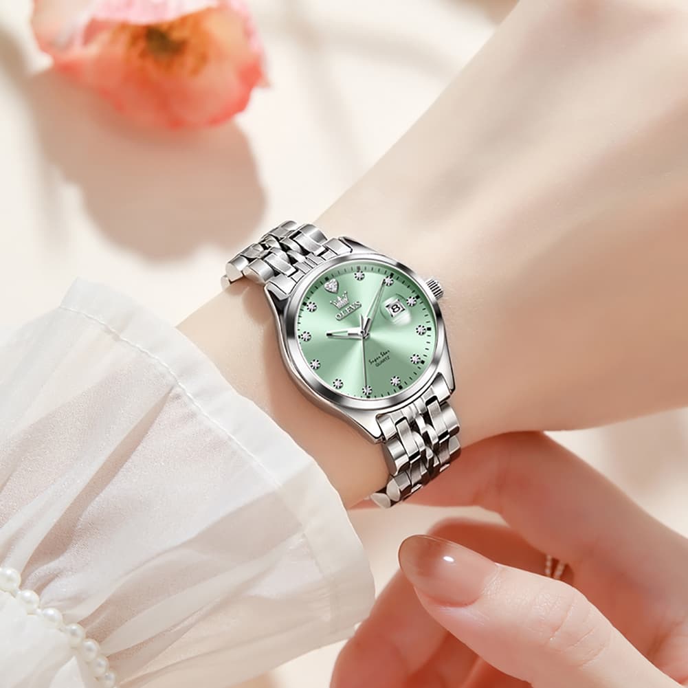 OLEVS 5649 Diamond Starry Dial Quartz Watch Calendar Stainless Steel Bracelet Timeless Timepiece for Women