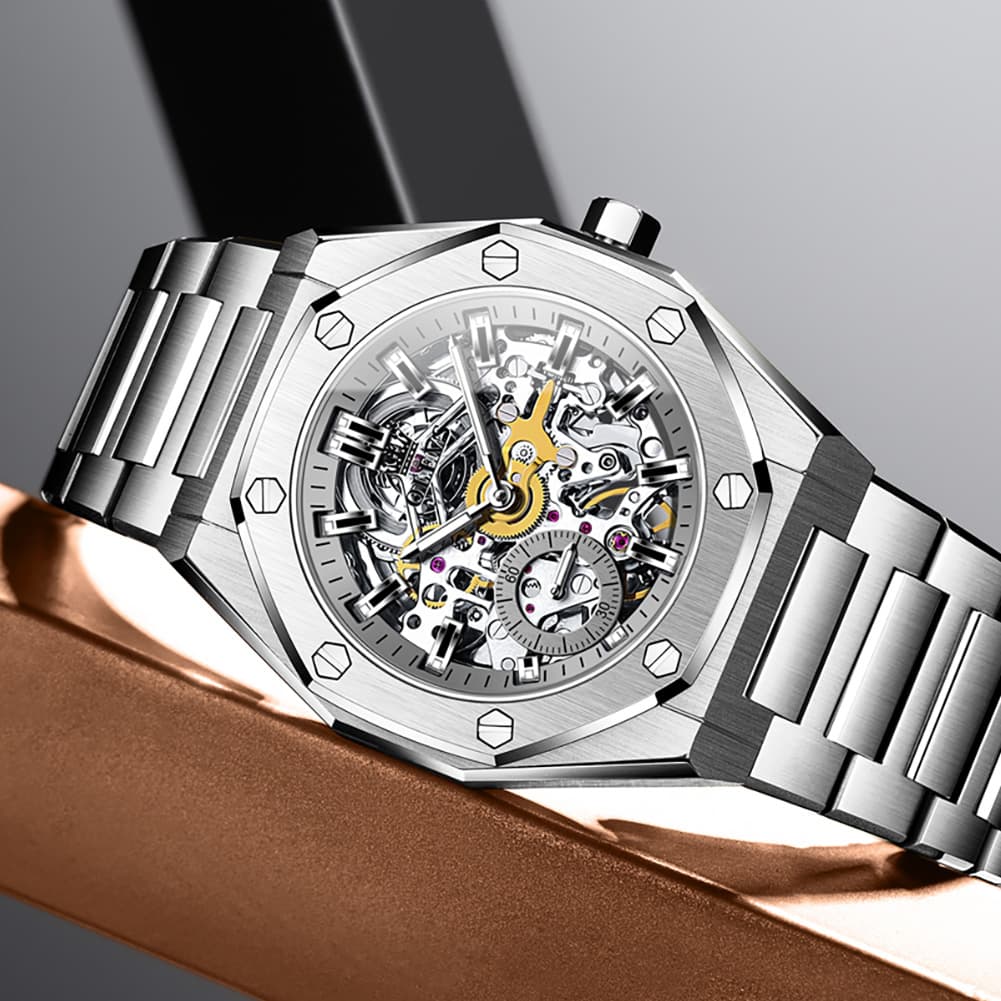 OLEVS 6669 Stainless Steel Octagonal Skeleton Watch for Men