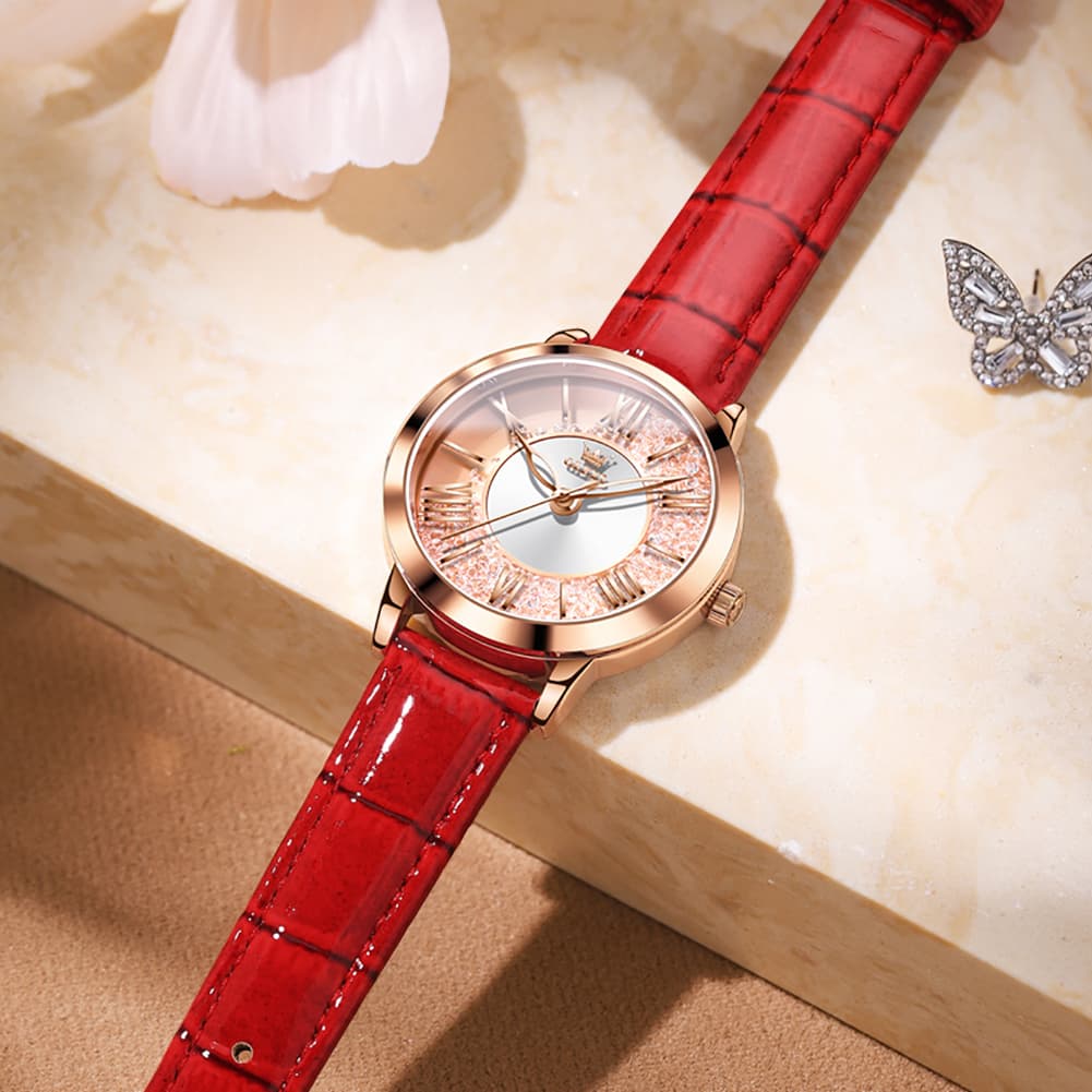 OLEVS Flowing Quicksand Crystal Dress Watch for Women Leather Strap 5539