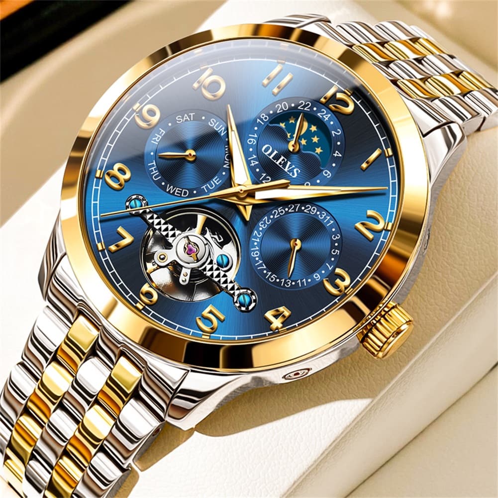 OLEVS 7018 Sun and Moon Skeleton Mechanical Watch for Men