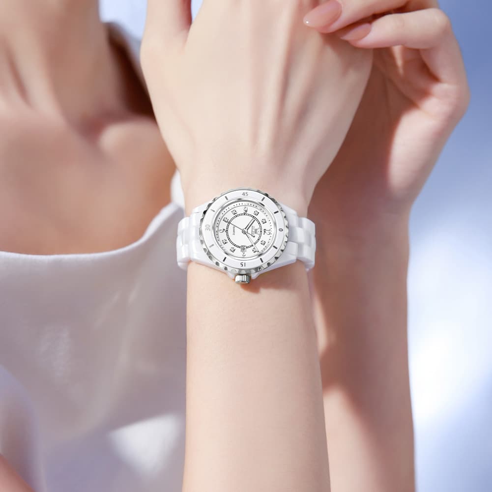 OLEVS 5658 White Ceramic Watch Diamond Accent Quartz Butterfly Clasp Luxury Timepiece for Women