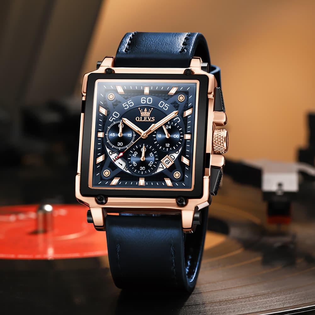 OLEVS 9919 Large Square Chronograph Leather Watch for Men