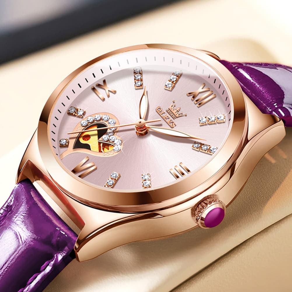 OLEVS 6636 Leather Skeleton Mechanical Watch for Women