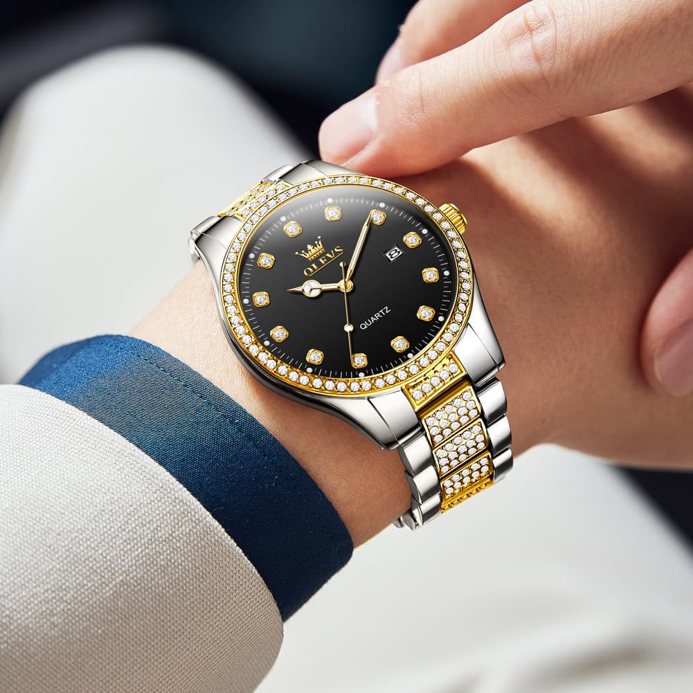OLEVS 9905 Diamond Bezel Luxury Dress Quartz Watch for Men