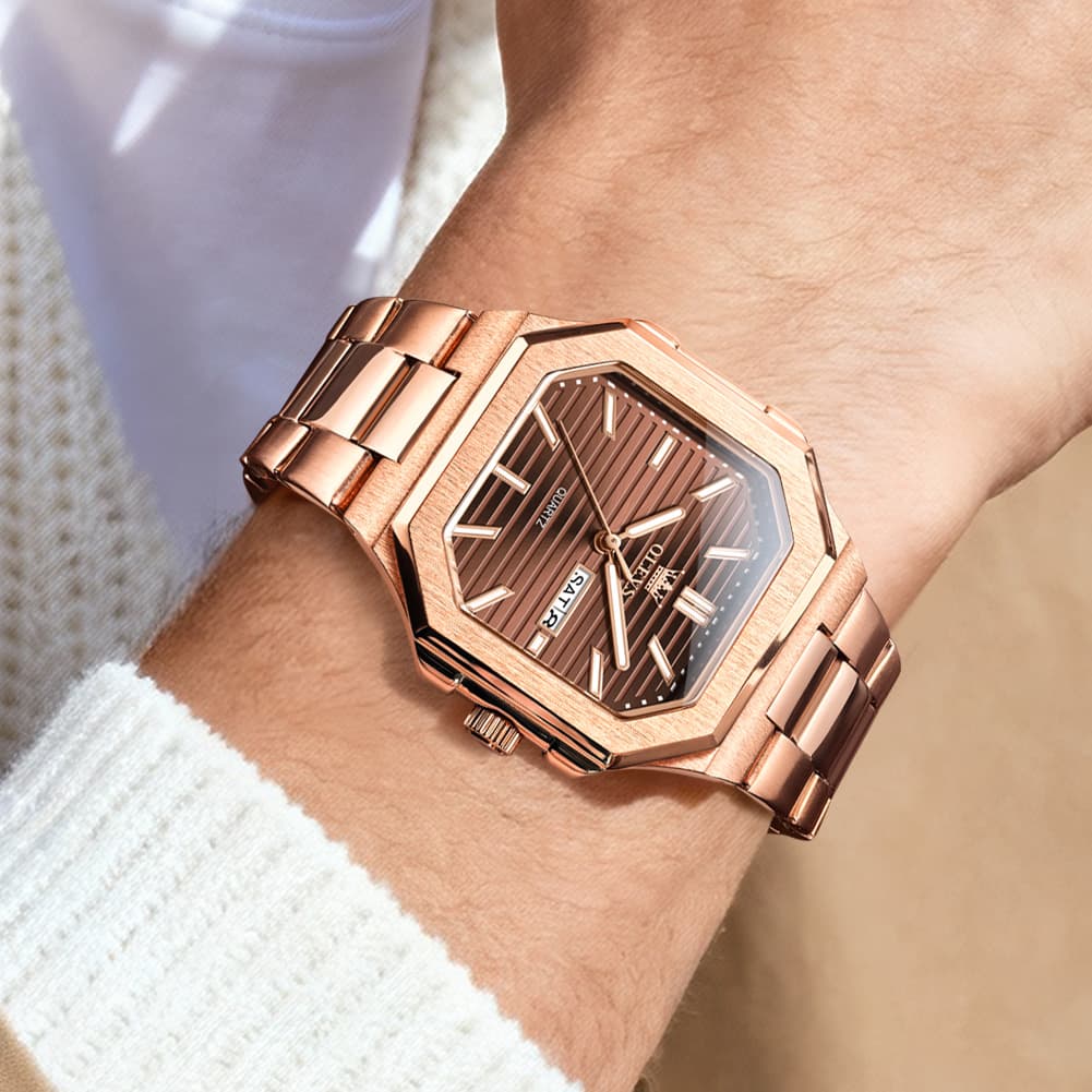 OLEVS 3731 Square Ribbed Dial Luminous Quartz Watch for Men